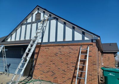 A house being painted with a ladder on top.